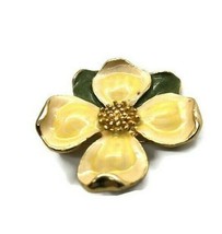 Enamel Yellow Dogwood Flower Brooch Pin,Green Leaves, Gold Tone Setting,Vintage* - $15.83
