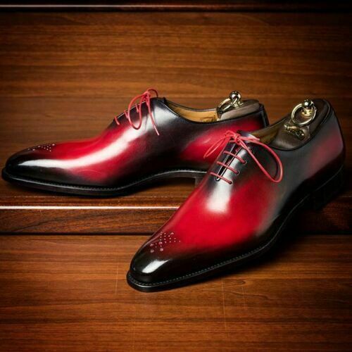 Two Tone Red Black Cont Oxford Burnished Brogue Toe Real Leather Laceup Shoes 20