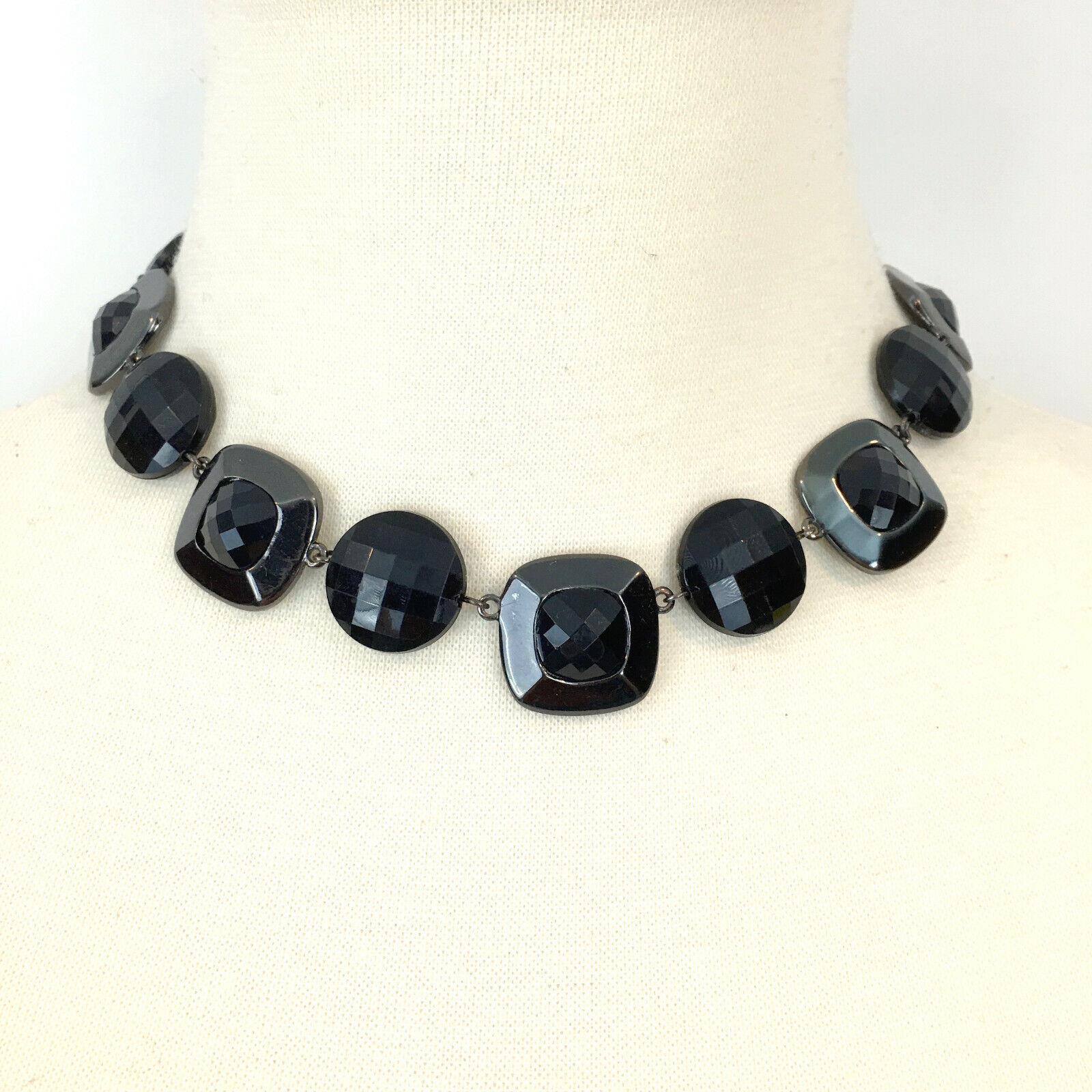 CROWN TRIFARI black faceted bead necklace - round square flat station choker 16" - $15.00