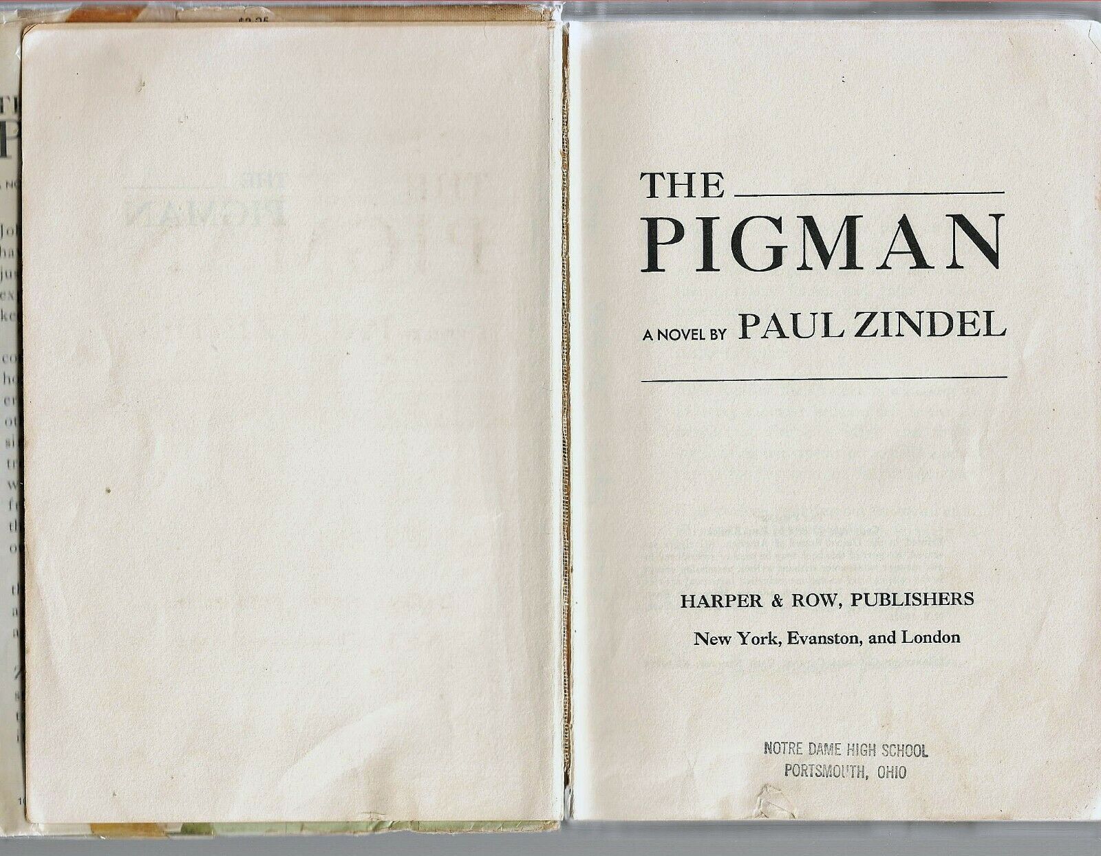 The Pigman A Novel Paul Zindel 1968 1st Edition HC DJ Illustrated Rare