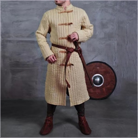 Medieval Tawny Turtleneck Long Sleeve Padded Canvas Gambeson Tunic Battle Coat