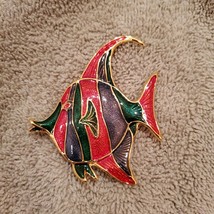 Angelfish Brooch, Enamel on Gold Tone Metal, Shimmering Red Green Fish Pin image 2