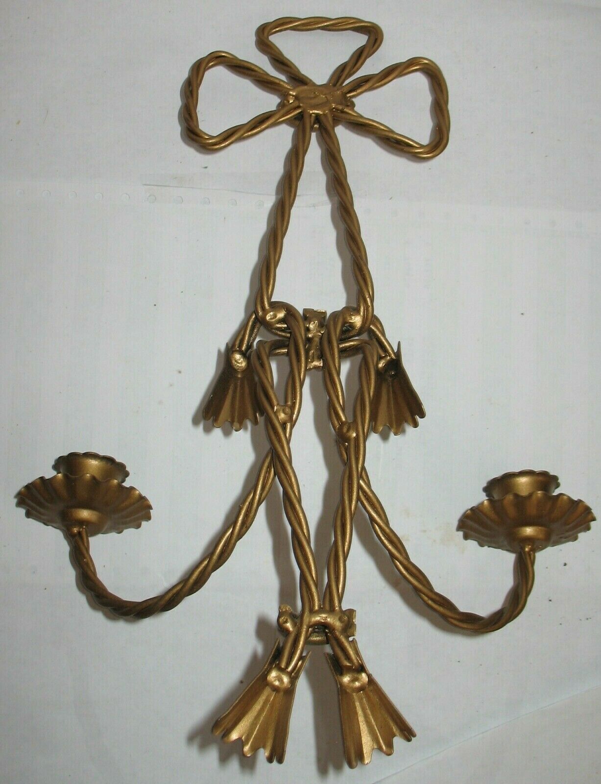 Vintage Twisted Ribbon Wrought Iron Painted Gold Double Taper Candle