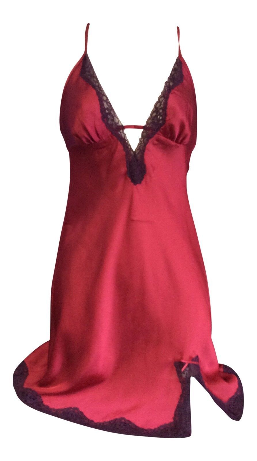 Womens Ladies Designer Short Sexy Deep Red Lace Trim Silk Chemise Nightgown
