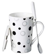 Creative Simple High-capacity Ceramic Cup, Black White Dots And Ceramic Cover - $21.83