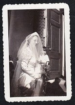 Antique Vintage Photograph Wedding Bride in Gown Standing By House - $5.94