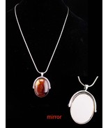 Flip Mirror necklace / agate cabochon / 2 sided compact / vintage pendan... - $85.00