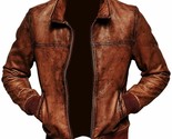 Mens Biker Vintage Motorcycle Distressed Brown Cafe Racer Bomber Leather Jacket - £77.00 GBP