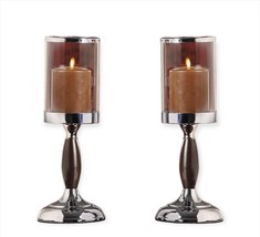 Candle Holders w Glass Candle Cup Set of 2 Metal 14.2" H Pillar Flameless / Real image 1