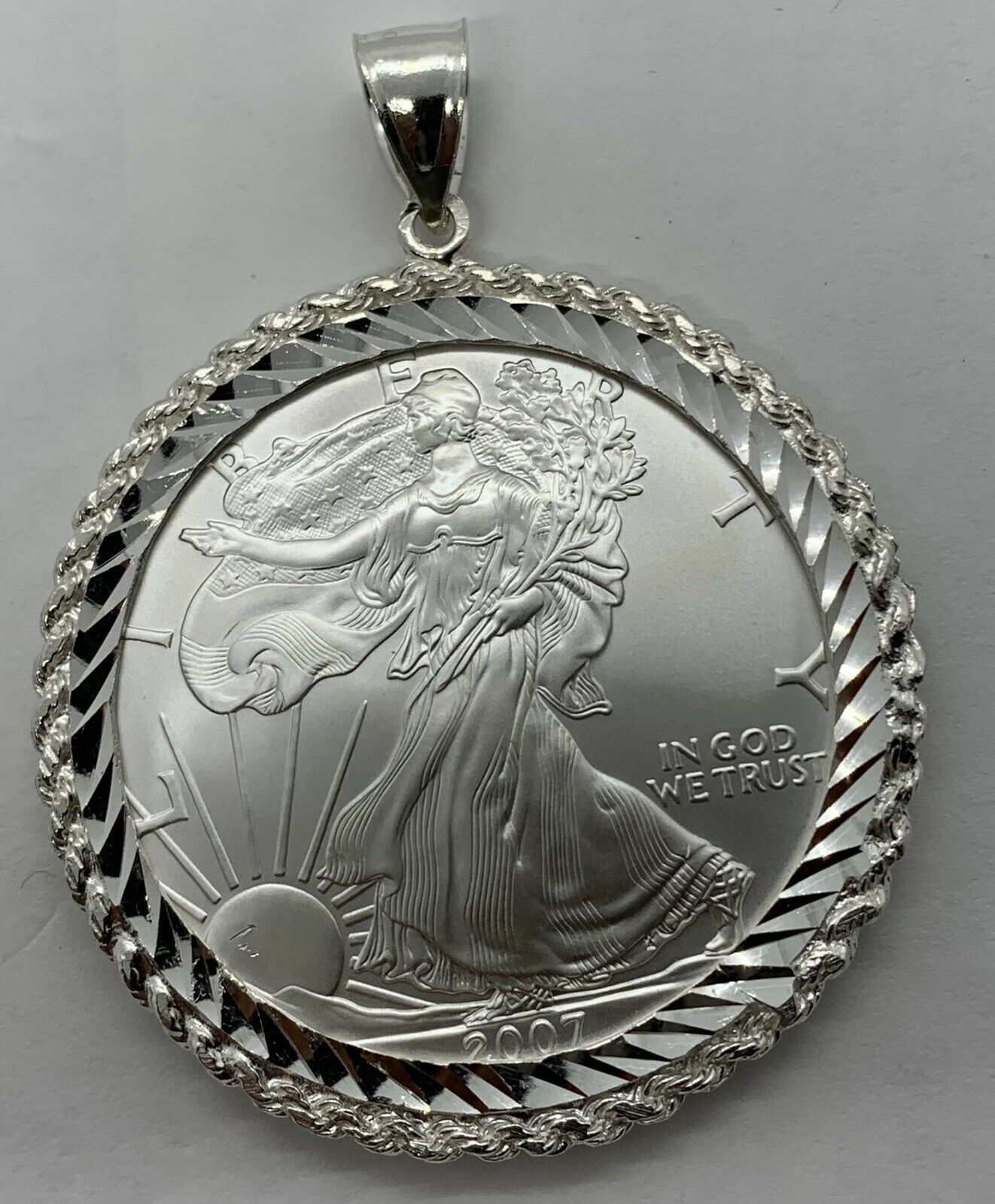 Primary image for Fine Silver 1oz. One Dollar Eagle Coin Charm/Pandent Diamond Cut Rope Bazel 2007