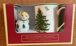 SPODE CHRISTMAS TREE HOLIDAY MUG CUP AND CERAMIC PUPPY DOG ORNAMENT SET NEW - $19.99