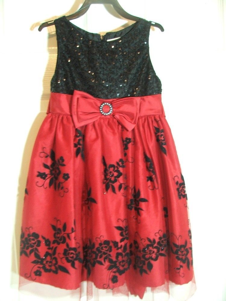 Girls Dress by Youngland SIZE 5 Sparkley Lace over Red Satin Black Sequins Top - $19.79