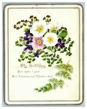 Vintage 1890&#39;s Victorian Birthday Card Purple &amp; White Flowers Blue Face - $15.17