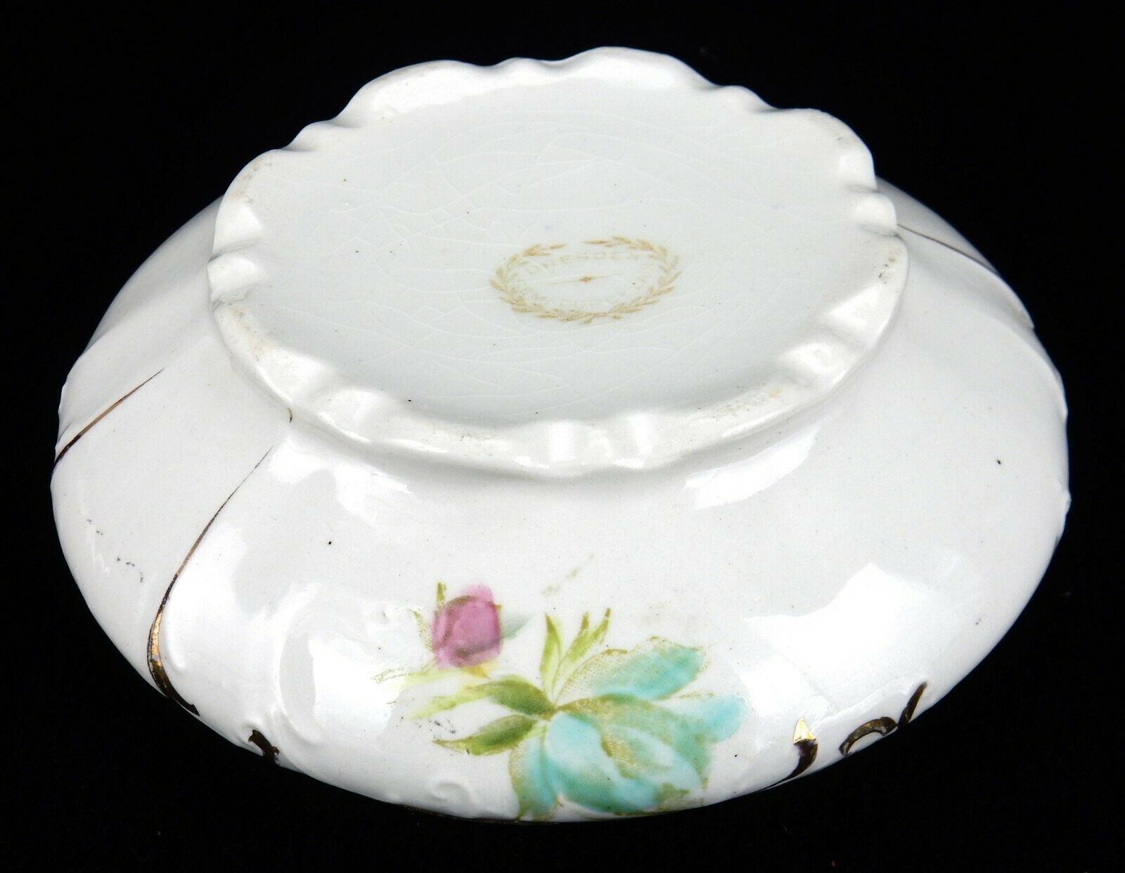 Porcelain Covered Dresser Dish, Dresden SemiPorcelain, Pink Flowers With Gold T Dresden