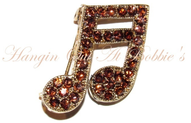Primary image for Music Note Pin Brooch Chocolate Brown Topaz Crystal Beamed 16th Gold Tone Metal