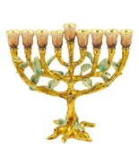 Menorah Green and Gold Tone Jeweled Hanukkah Candle Holder with Star of ... - £59.39 GBP