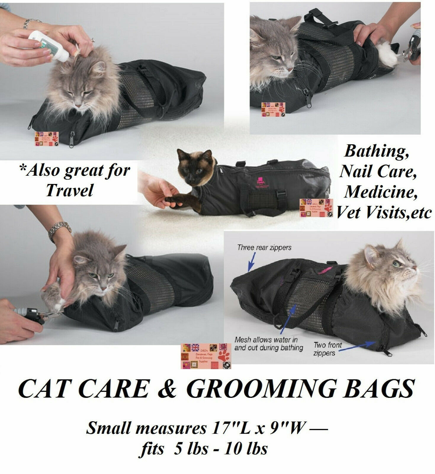 SMALL CAT GROOMING Nail Clip Bath Travel BAG NO BITE SCRATCH RESTRAINT SYSTEM