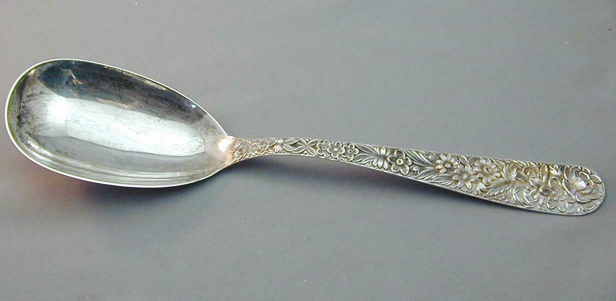Antique S Kirk & Son Sterling Repousse Large Oval Serving Spoon 9 5/8" - $129.00