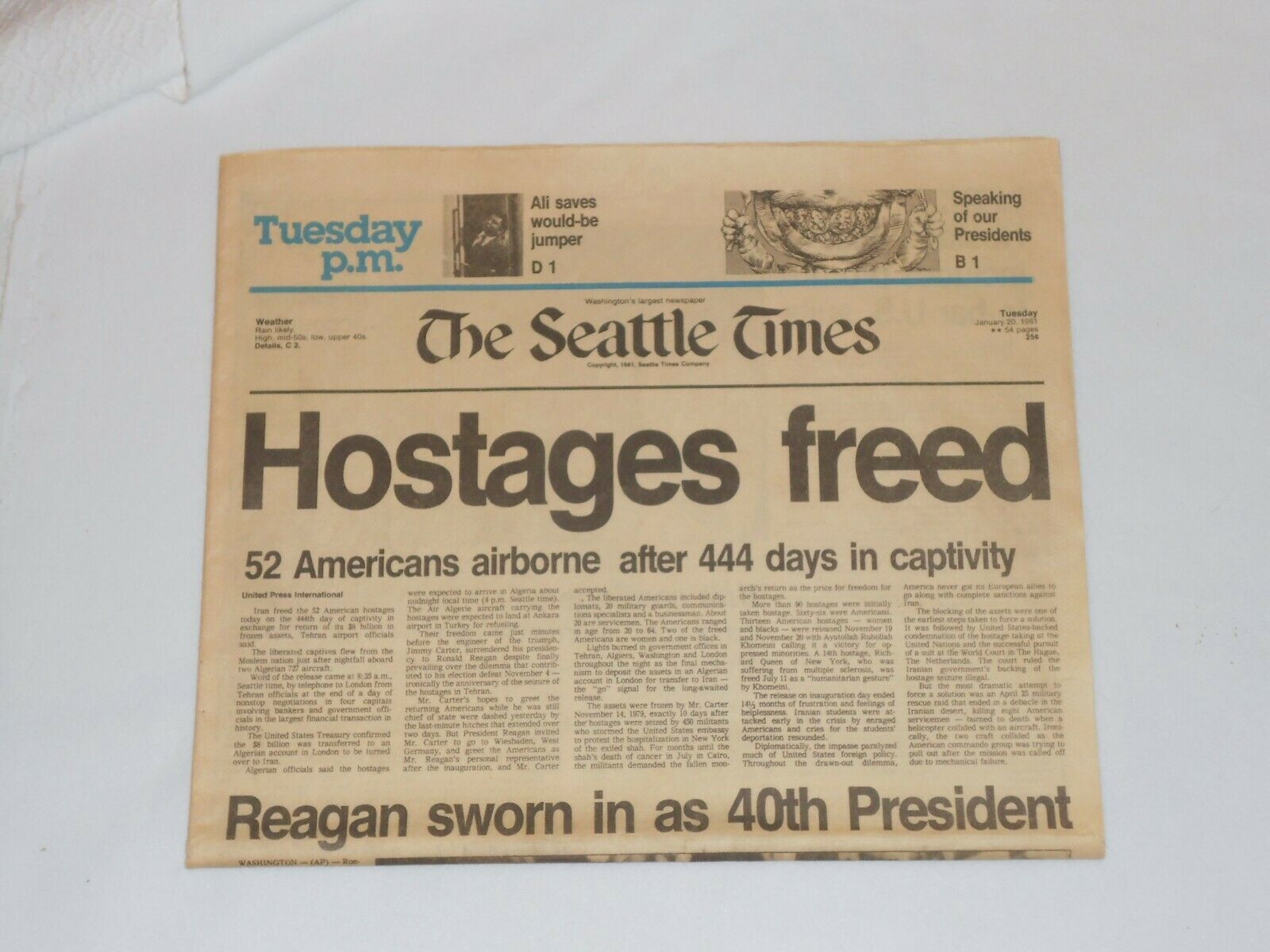 Primary image for Hostages Freed / Reagan Sworn In Newspaper Headlines from  January 20 1981