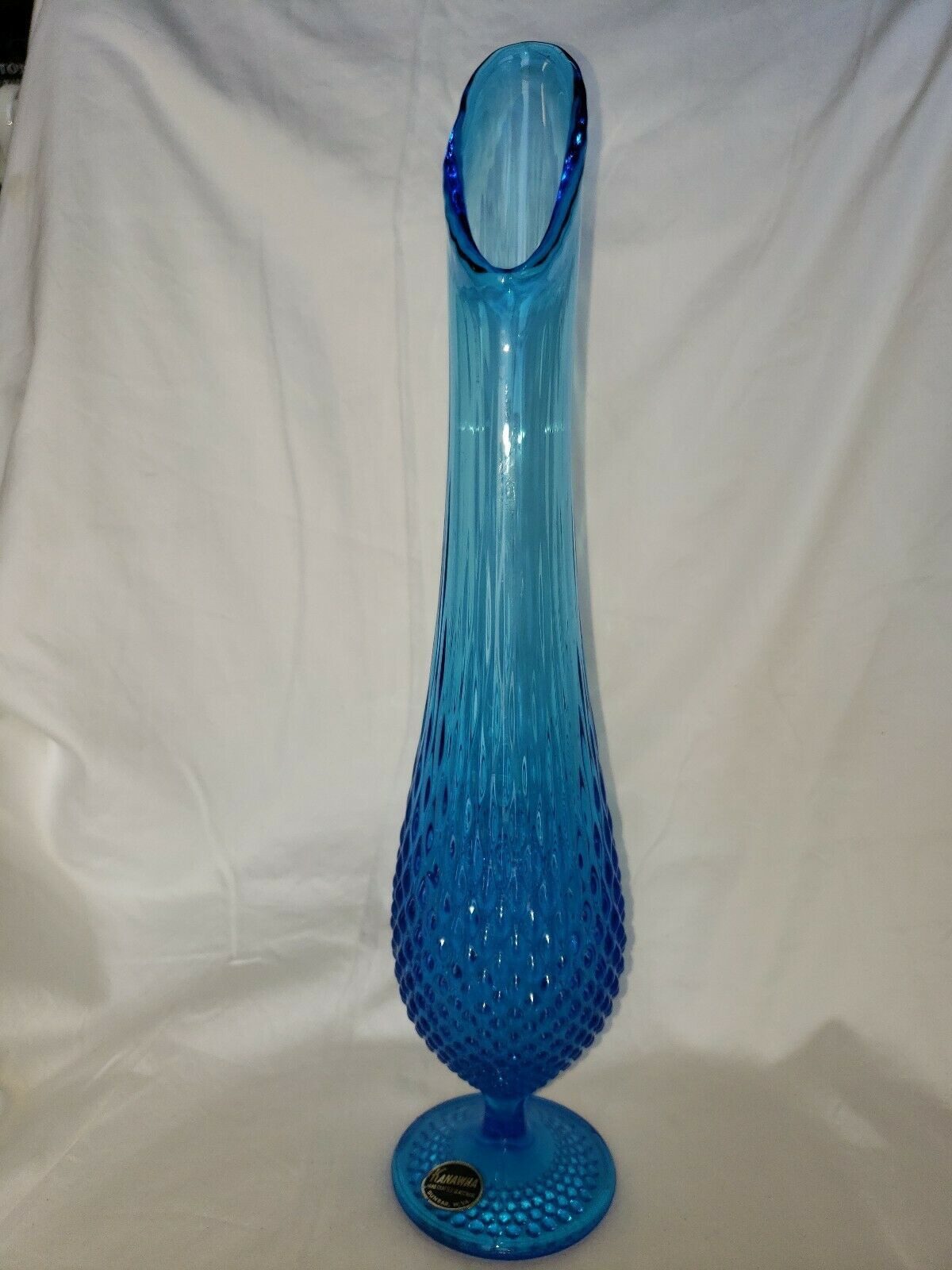 Vintage Kanawha Stretch Hobnail Glass Azure Blue Footed Swung Vase made