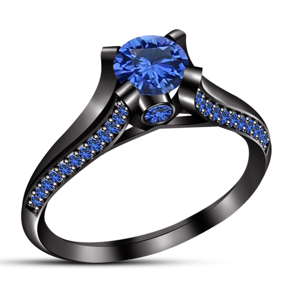 Blue Sapphire Womens Engagement Ring 14k Black Gold Finish 925 Sterling ...