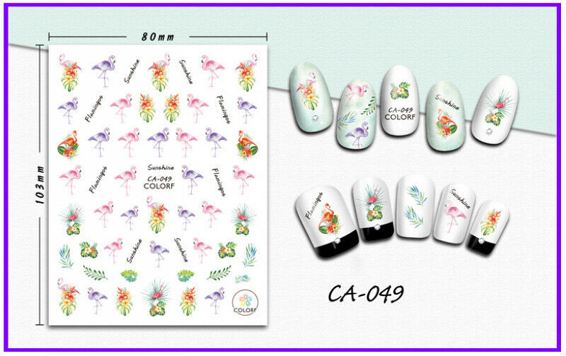 Nail Art 3D Decal Stickers Pink Purple Red Flamingo CA049