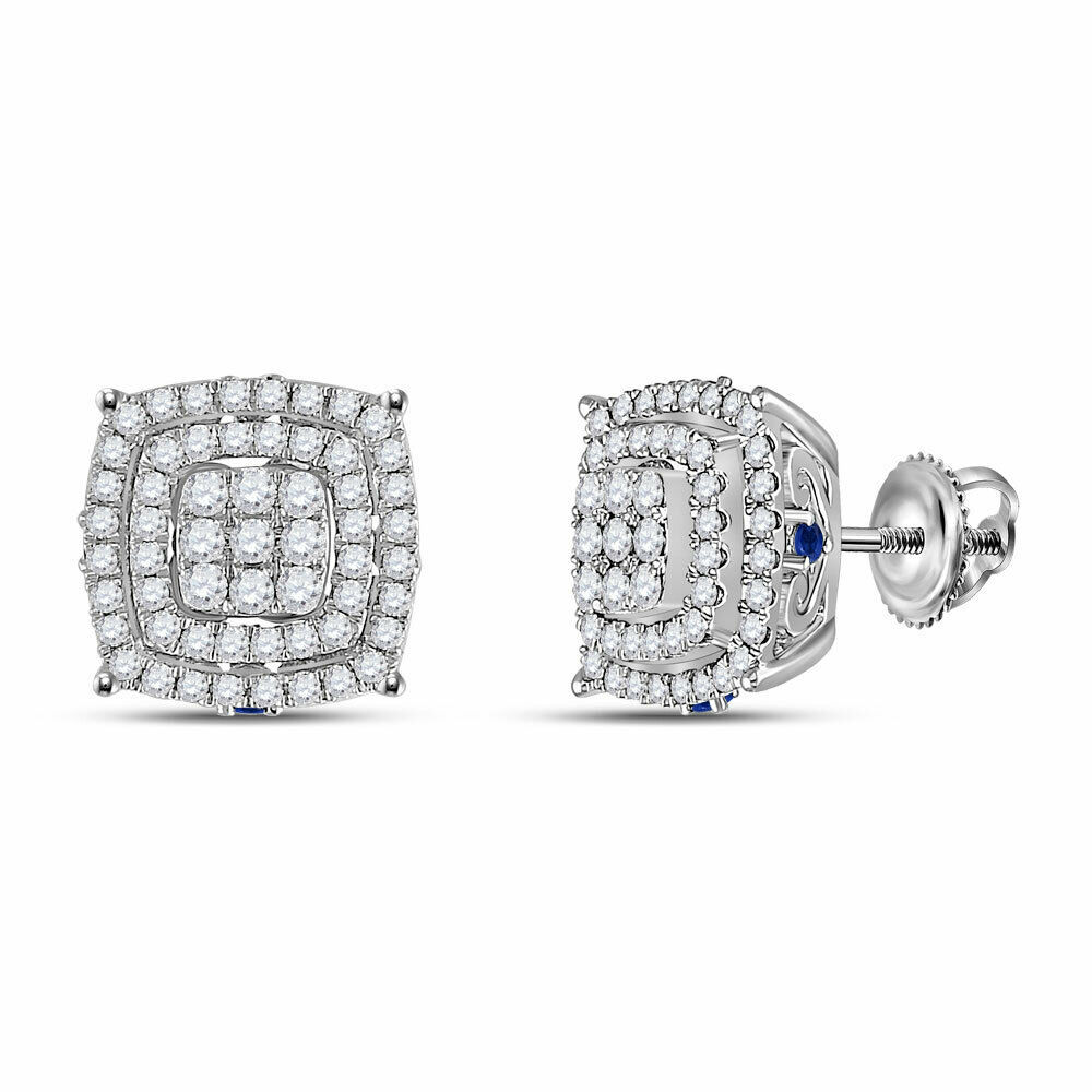 Primary image for 14kt White Gold Womens Round Diamond Blue Sapphire Square Earrings 7/8 Cttw