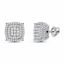 14kt White Gold Womens Round Diamond Blue Sapphire Square Earrings 7/8 Cttw - $1,067.91
