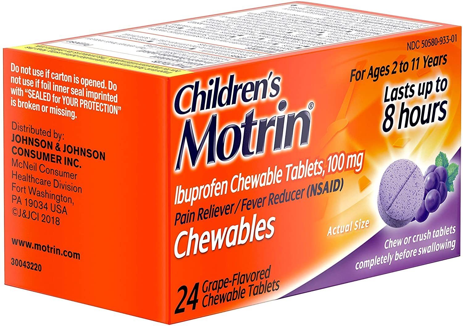 Children's Motrin Ibuprofen Chewable Tablets for Pain & Fever Grape 24 ...