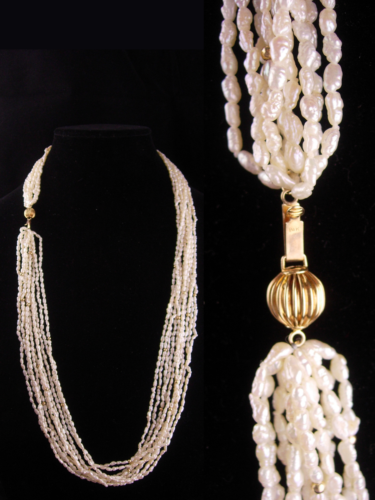 Primary image for 14kt gold 10 strand pearl necklace - 30" long - Bridal Pearl Necklace -Vintage W