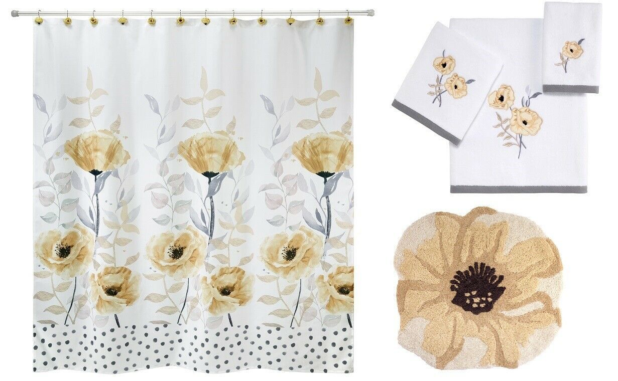 Avanti Linens Marielle Shower Curtain, 12 Hooks, Towel Set and Rug, Yellow