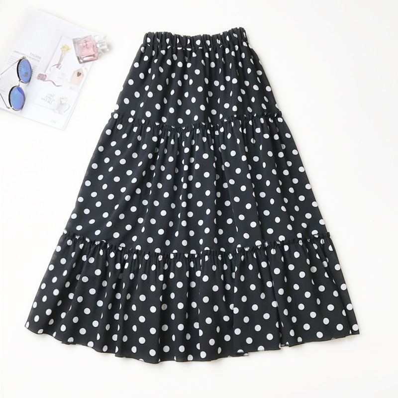 Super cute white polka dot summer long skirt yellow black casual ...