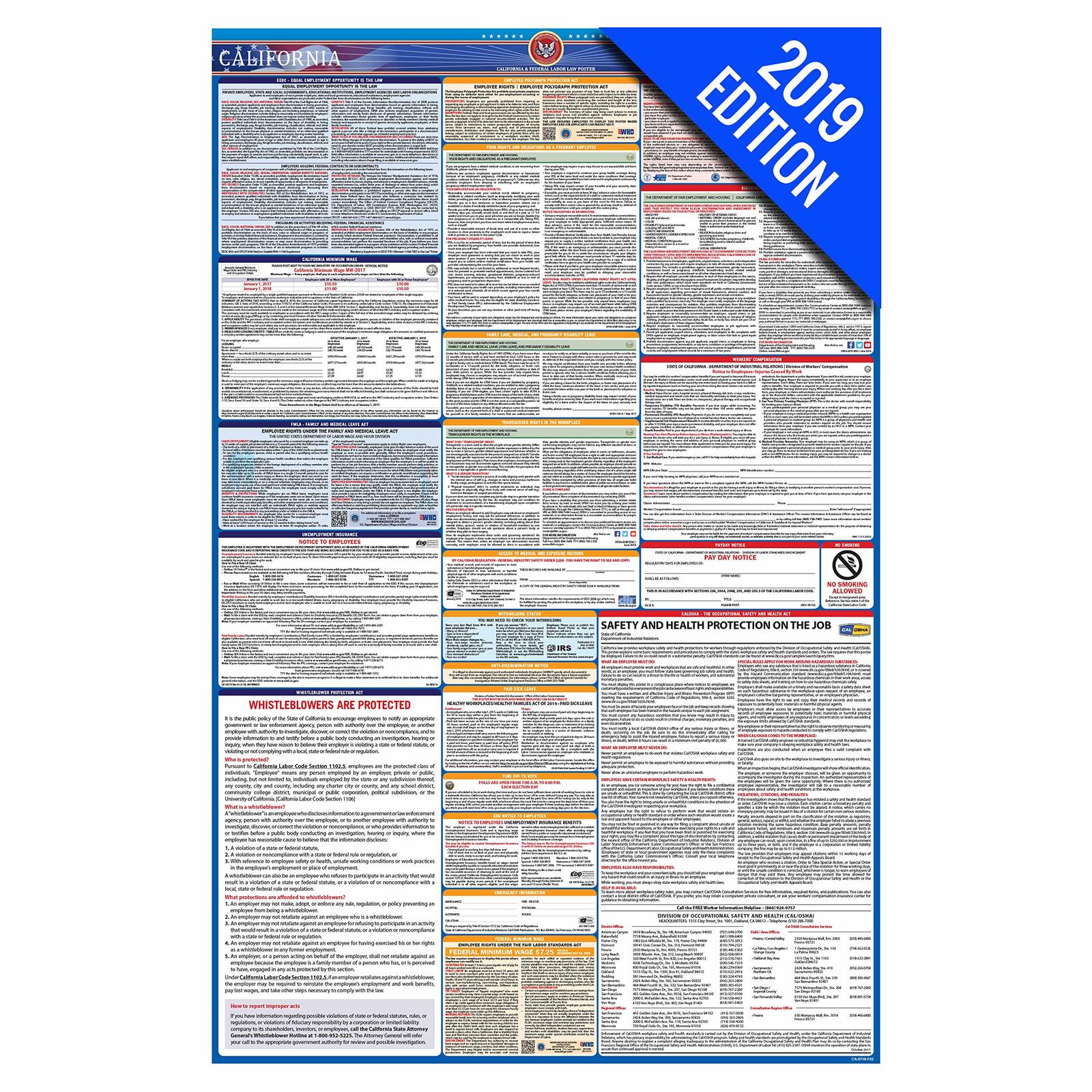 2019 California Labor Law Poster – State, Federal, OSHA Compliant ...