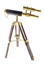 Nautical Telescope Double Barrel Leather Vintage Spyglass Wooden Tripod Stand