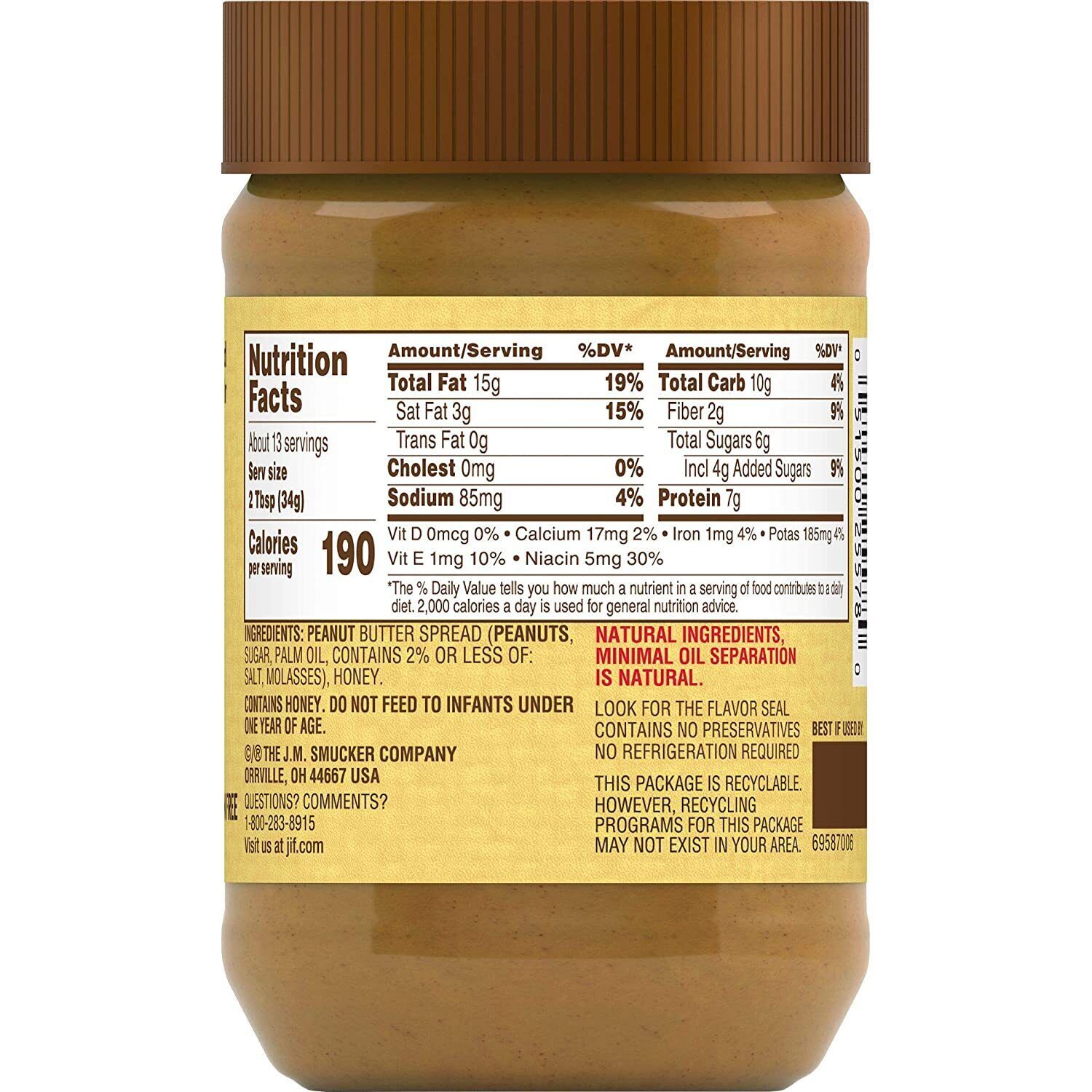 Natural Creamy Peanut Butter Spread and Honey,Contains 80% Peanuts,16 ...