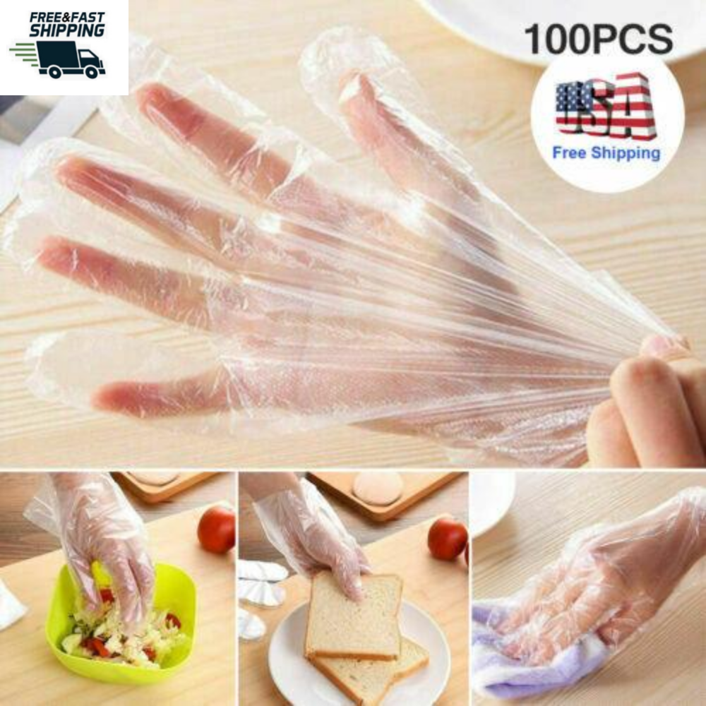 100PCS Clear Polythene Gloves Plastic Cook Disposable Food Safe