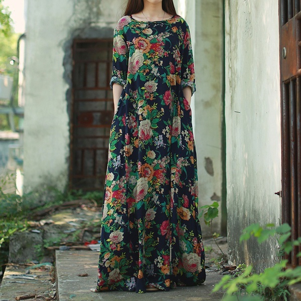 Womens Cotton Loose Long Sleeve Floral Maxi Dress Baggy Plus Size Kaftan
