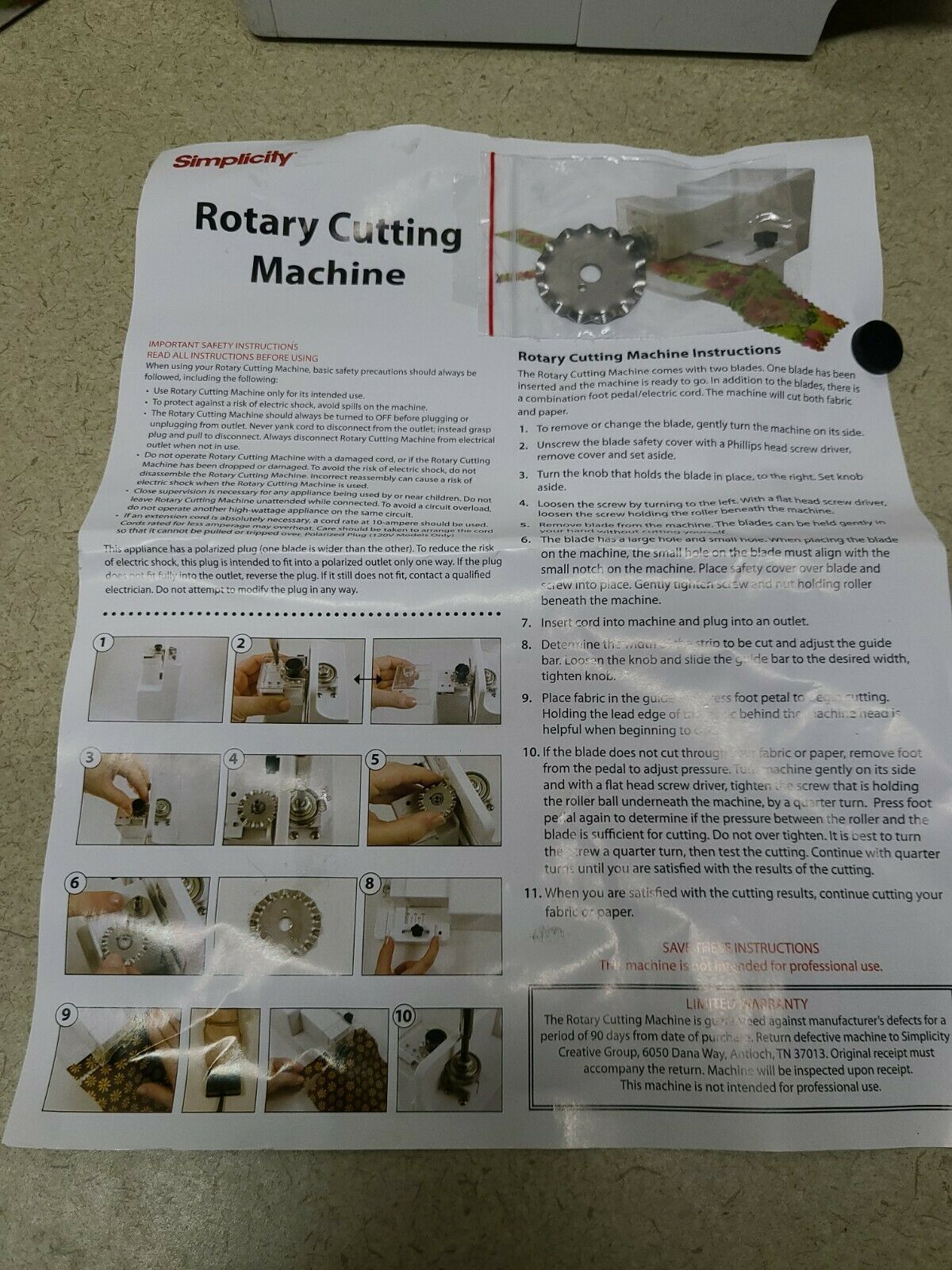 Simplicity Rotary Cutting Machine Model 881950 Quilting Scrapbooking