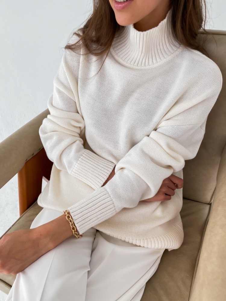 New white knit turtleneck long sleeve oversized sweater women knitted pullover