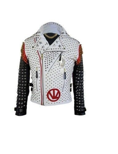 Mens Handmade Victor Luna Full Studded Spike White Black Contrast Leather Jacket