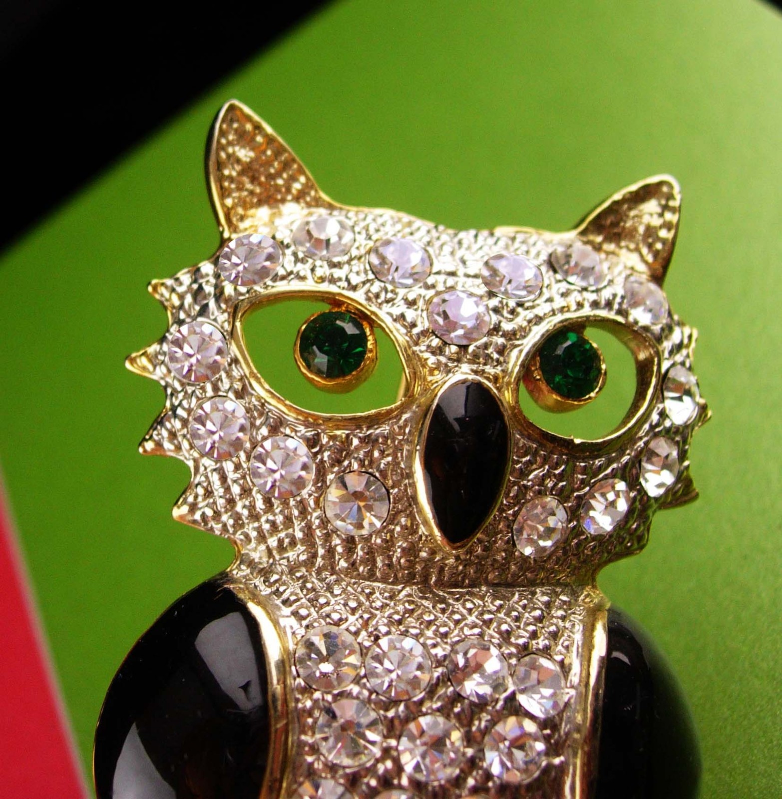 Primary image for Huge Owl brooch - vintage enamel Bird - Figural jewelry - rhinestone teacher gif