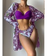Tropical Print Push Up Bikini Swimsuit With Kimono - $29.80
