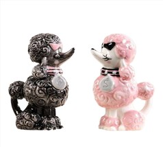  Poodle Salt and Pepper Shakers Pink Black Ceramic 3.8" High Vintage Look image 1