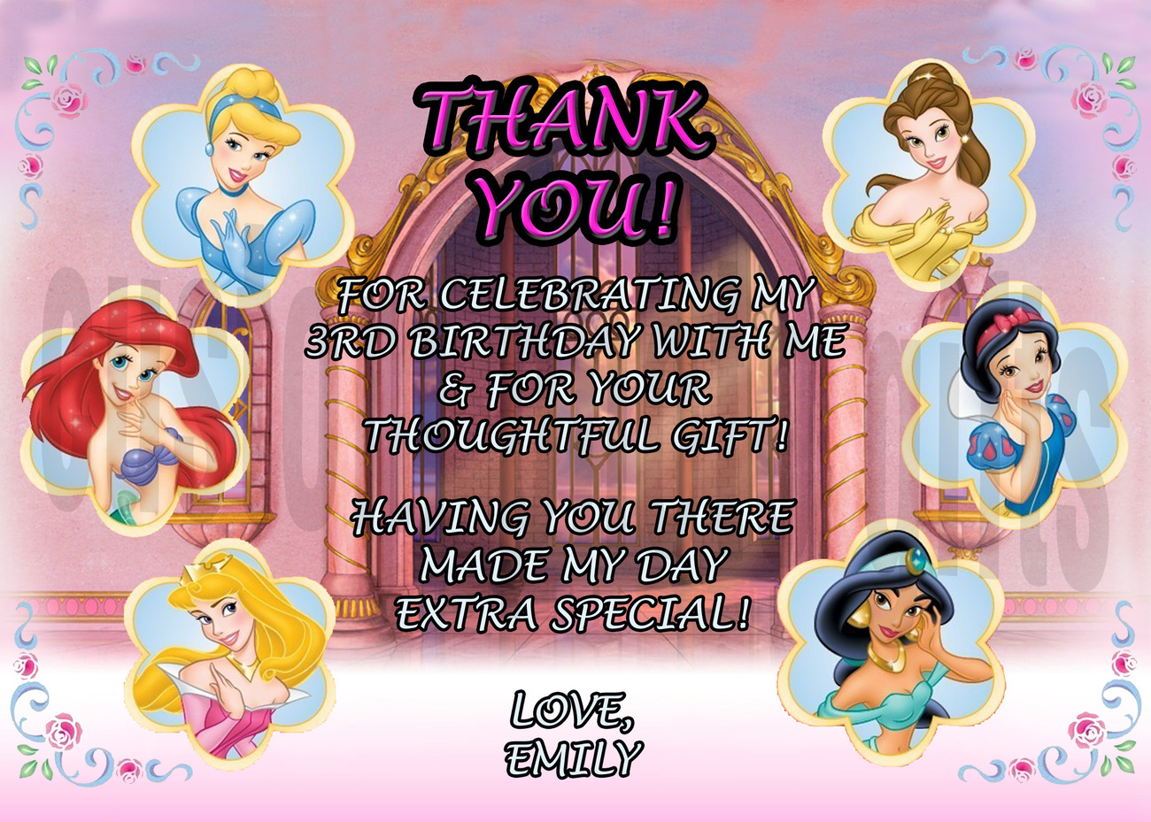 Personalized Disney Princess Birthday Thank You Card