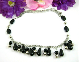 BLACK Teardrop BEADED Necklace Vintage Silvertone Beads Dangles Up to 36" Length - $14.99