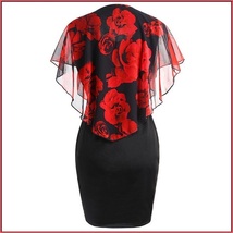 Elegant Big Girl Sized Sheer Red Rose Chiffon Cape Overlayed Black Pencil Dress  image 2
