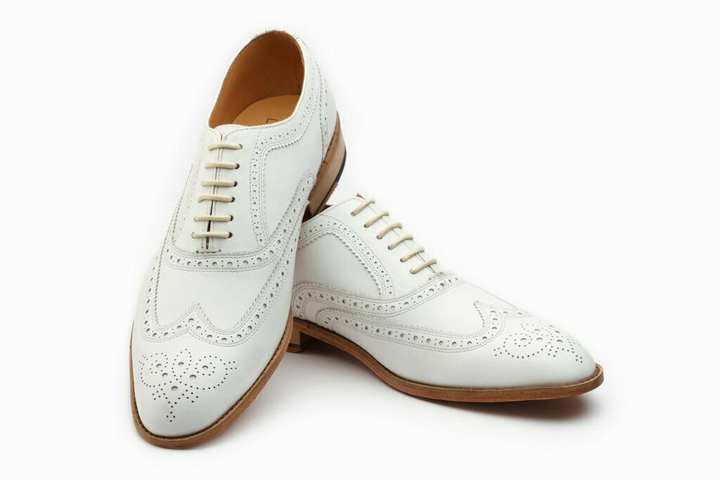 Oxford White Brouging Wing Tip Men Premium Quality Leather Handmade Dress Shoes