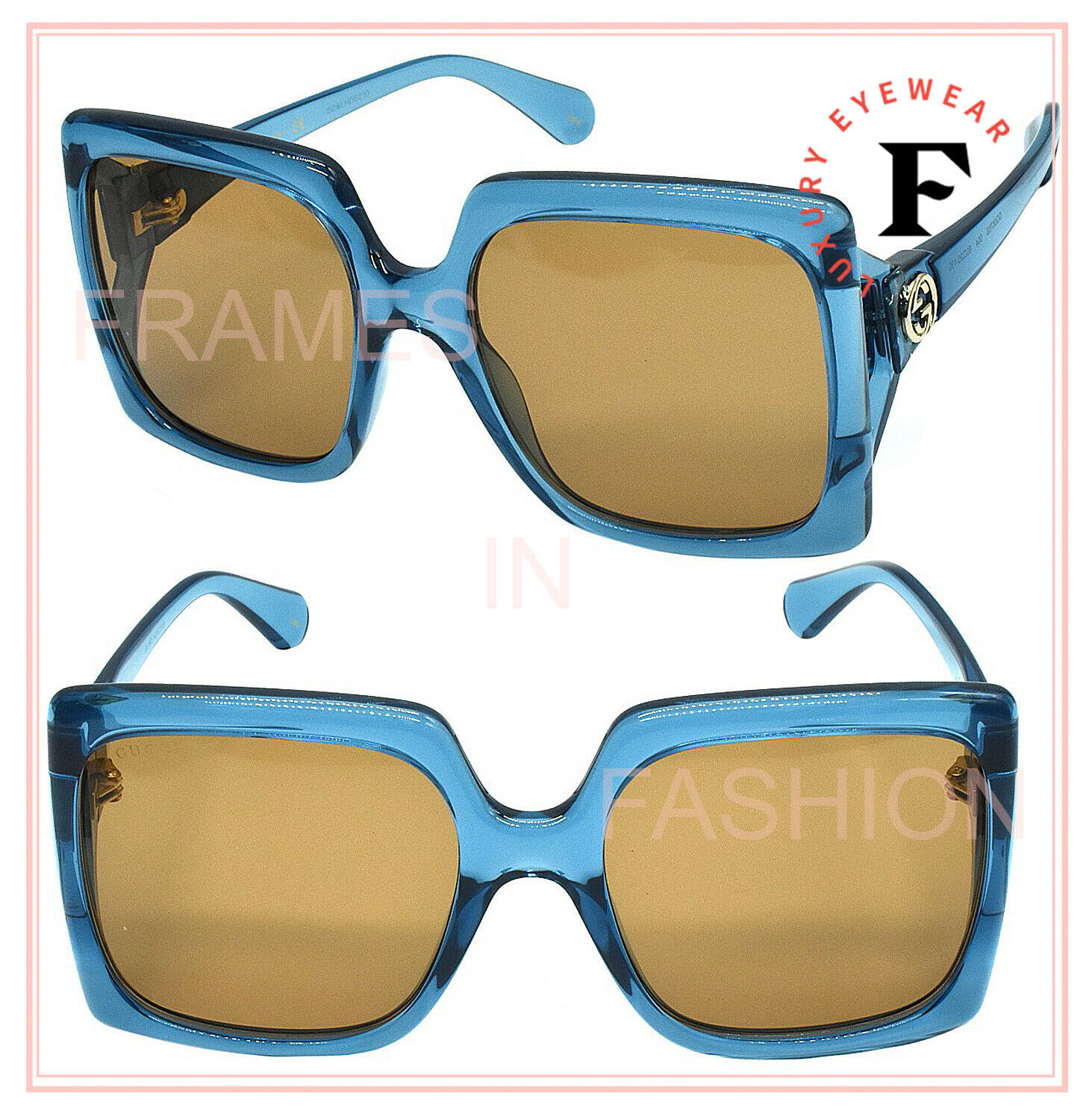 GUCCI 0876 Blue Crystal Brown Geometric Oversized Logo Sunglasses GG0876S 004