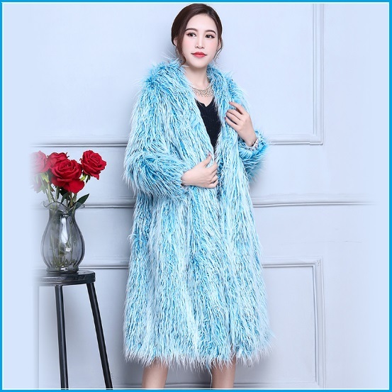 Shaggy Blue Long Hair Mongolian Sheep Faux Fur Long Length Hoded Winter ...