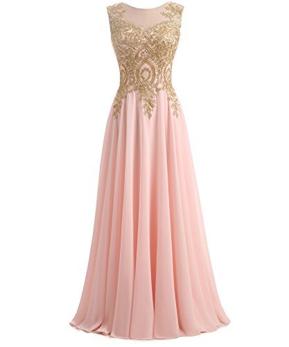 Kivary Gold Lace A Line Long Chiffon Women Formal Corset Prom Evening Dresses Bl